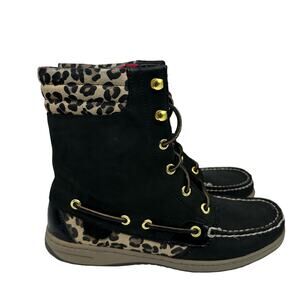 Sperry Hikerfish Leopard Print Black Leather High Top Boots Womens Size 7.5